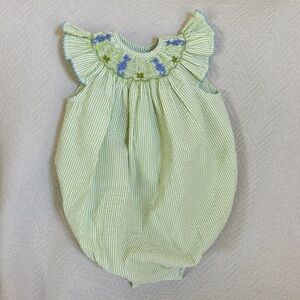 Green and White Seersucker Baby Romper with Seahorse Smocked Embroidery